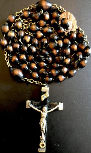 Vintage Catholic 5 Decade Wood Rosary,  Wood Crucifix W Soil Relic Italy