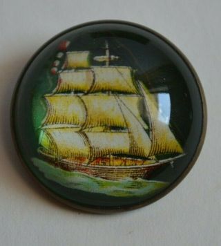 Vintage Glass Domed Brass Horse Bridle Rosette Cutter Green Ship Brooch Pin