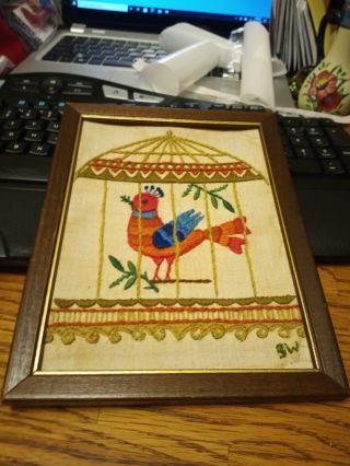Vintage Retro Crewel Embroidery Bird In Cage Wood Frame No Glass 7 X 9