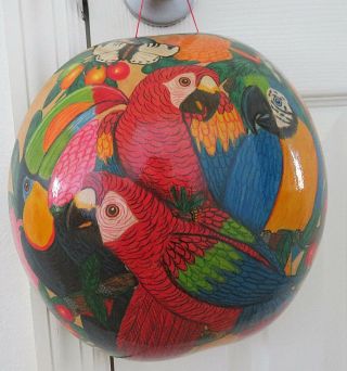 Vintage Hand Painted Half Gourd Art Colorful Birds Panama Signed Ponce