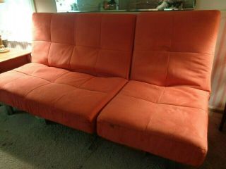 Vtg Orange Faux Suede Mod Convertible Sleeper Sofa Couch Bed Queen Recliner Tuft