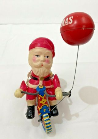 Vintage Suzuki Wind Up Litho Tin Toy Celluloid Santa On Tricycle Made In Japan