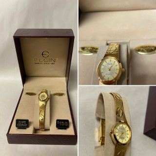Vintage Ladies Elgin Quartz Gold Tone Watch & Box Case Art Deco Design $195