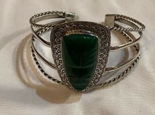 Vintage Mexican Sterling Silver & Green Onyx Aztec Cuff Bracelet