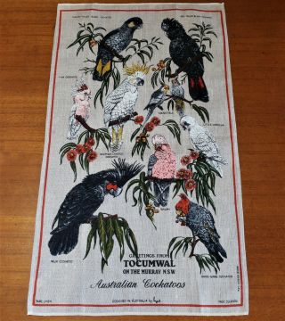 Vintage Retro Souvenir Linen Tea Towel - Tocumwal - Australian Cockatoos