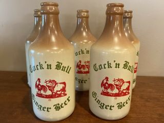 Five Vintage Cock And Bull Ginger Beer Bottle,  Vintage Painted Bottles Frost