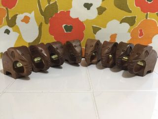 Vtg Set Of 8 Carved Wood Elephant Napkin Rings Made In The Philippines