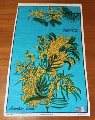 Vintage Retro Souvenir Linen Tea Towel - Toora - Australian Wattle
