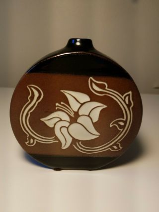Vintage Brown Vase Hibiscus Design Marked Pic Usa