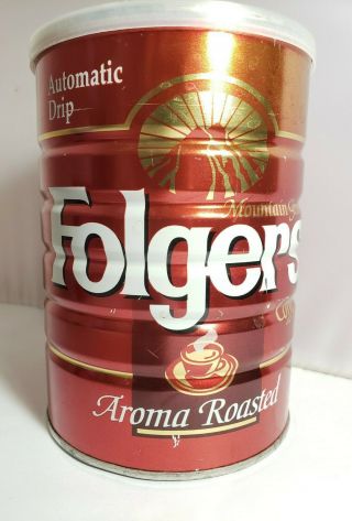 Vintage Folgers Aroma Roasted Coffee Can Metal 13 Oz With Lid Automatic Drip