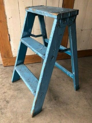 Vintage Wood Painted Blue Step Ladder