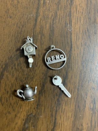 Vintage Sterling Silver Charms Set Of 4 - Tea Pot - Key - Clock - Reno - From Estate