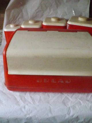 Vintage Atomic Lustro Ware Red White Plastic Bread Box Flour,  Sugar,  Coffee,  Tea