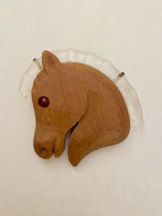 Vintage Carved Wood Horse Head With Lucite Mane Brooch / Pendant