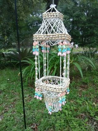 Vintage Large Colored Sea Shell Macrame Style Hanging Plant Holder 31” Long