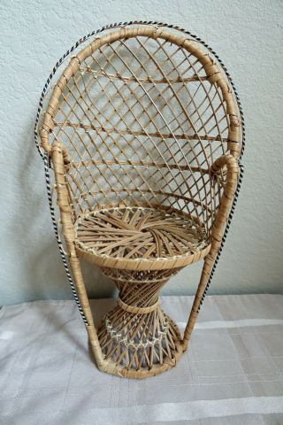 Vintage Wicker Peacock Fan Back Rattan Boho 15,  ” Plant Stand Decor / Doll Chair