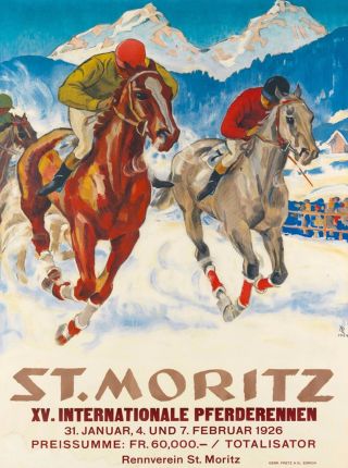 1926 St.  Moritz Switzerland Horse Race Vintage Travel Advertisement Poster Print