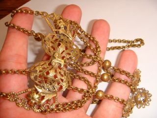 Vintage Brass Filigree Bow Dangling Flower Charm Necklace Estate