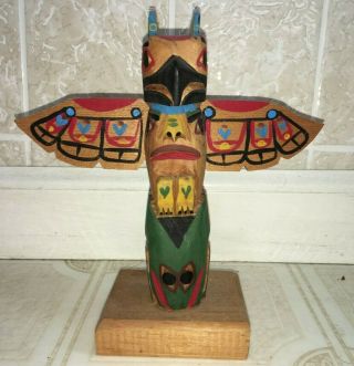 Vintage Hand Carved Wood Totem Pole Signed Robert Haneley? Alaska? 6 " Frog
