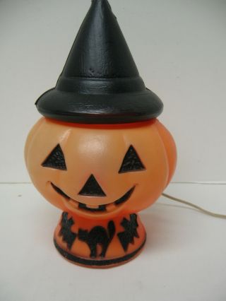 Vintage Halloween Blow Mold Pumpkin Witch Hat / Cat And Bat With Light