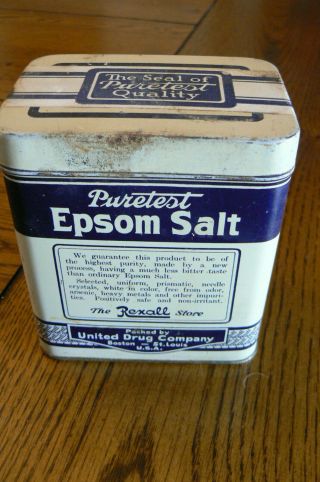 Vintage Puretest Epsom Salt Tin Can Rexall United Drug Boston St.  Louis