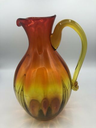 Vintage Blenko Hand - Blown Art Glass Pitcher Red/orange/yellow Mcm 64oz 10.  5 "