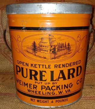 Vintage Fort Henry Brand Pure Lard.  Wheeling,  West Virginia 4 Pound Size