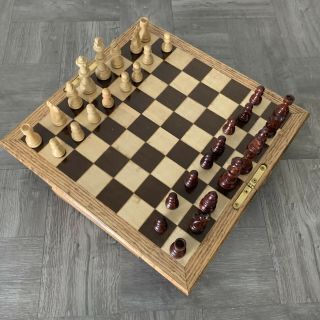 Vintage Carved Wood Chess Set In Folding Travel 12 " Board Brass Hinges Oak Box