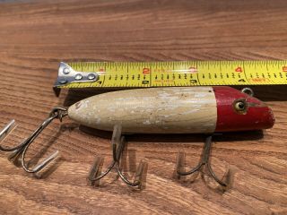 Vintage Heddon Red And White Wood Popper,  Yellow Glass Eyes,  Treble Hook