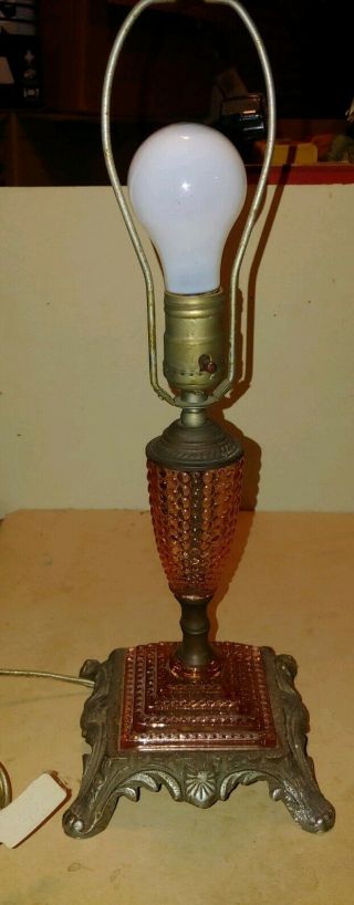 Lg Vintage Houze Pink Depression Glass Lamp.  With Metal Base 18 Ins Rare