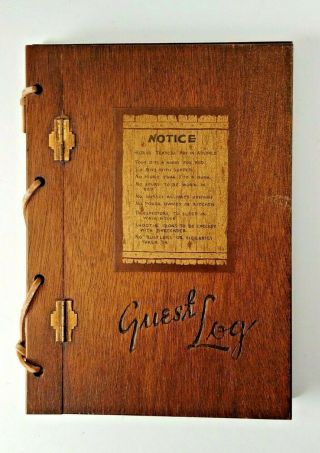 Vintage Wood Guest Book Wooden Covers Leather Binding Metal Hinges Guest Rules