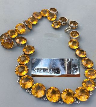 Vintage Art Deco Sterling Silver Cut Faceted Amber Glass Czech ? Necklace Choker