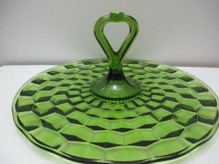 Vintage Indiana Glass Whitehall Cube Center Handled Plate Serving Platter Green