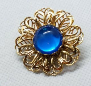 Vintage Blue Rhinestone Filagree Goldtone Flower Pin Brooch