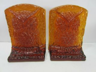 2 Vintage Amber Glass Owl Bookends