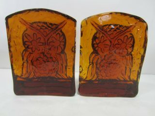 2 Vintage Amber Glass Owl Bookends 2