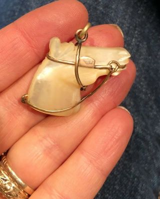 Vintage Hand Carved Mother Of Pearl Horse In Wire Bridle Harness Pendant