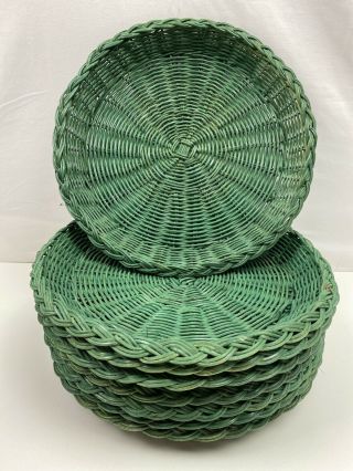 8 Vtg Wicker Paper Plate Holders Green 10 " Tiki Rattan Party Picnic Camping Bbq