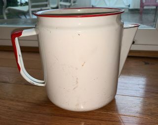 Vintage Enameled Coffee Pot Vessel White With Red Trim 5.  75 " High