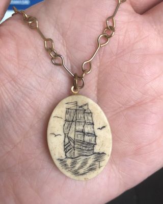 Vintage Nautical Necklace Tall Ship Bone Scrimshaw Pendant Sail Boat Gold Chain