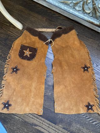 Vintage Kid Child Youth Suede Leather Fringed Chaps Read Western Ranch Cowboy