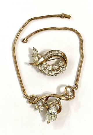 Vintage Huge Gorgeous Rhinestone Trifari Glass Necklace Brooch Set