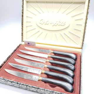 Set Of 6 Vintage Glo - Hill (canada) Black Shimmer Bakelite Handled Steak Knives