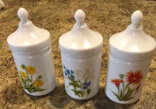 Set Of 3 Vintage White Milk Glass Apothecary Lidded Jars With Flowers France