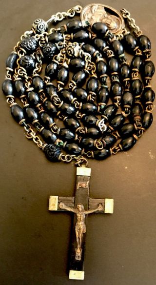 Vintage Catholic Carved Ebony Wood Rosary Jesus Ctr,  Wood Crucifix France
