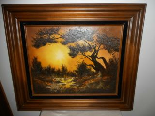 Vintage Corinne Ouzounian Signed & Framed Oil Painting - Sunset Over Cypress Tree