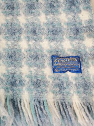 Vintage Pendleton Woolen Mills 1960s Throw Lap Blanket Blue Fringed Edge 52x42