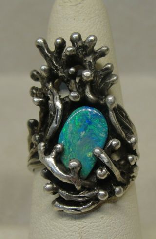 Vintage Blue Green Opal Sterling Silver Ring.  Black Opal ?? Turquoise Color