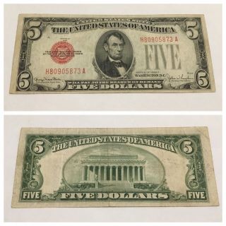 Vintage $5 1928 - F United States Note Five Dollars Dollar Bill Lincoln Red Seal