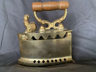 Vintage Brass Sad Coal Fired Clothes Press Iron With Rooster Latch & Grate